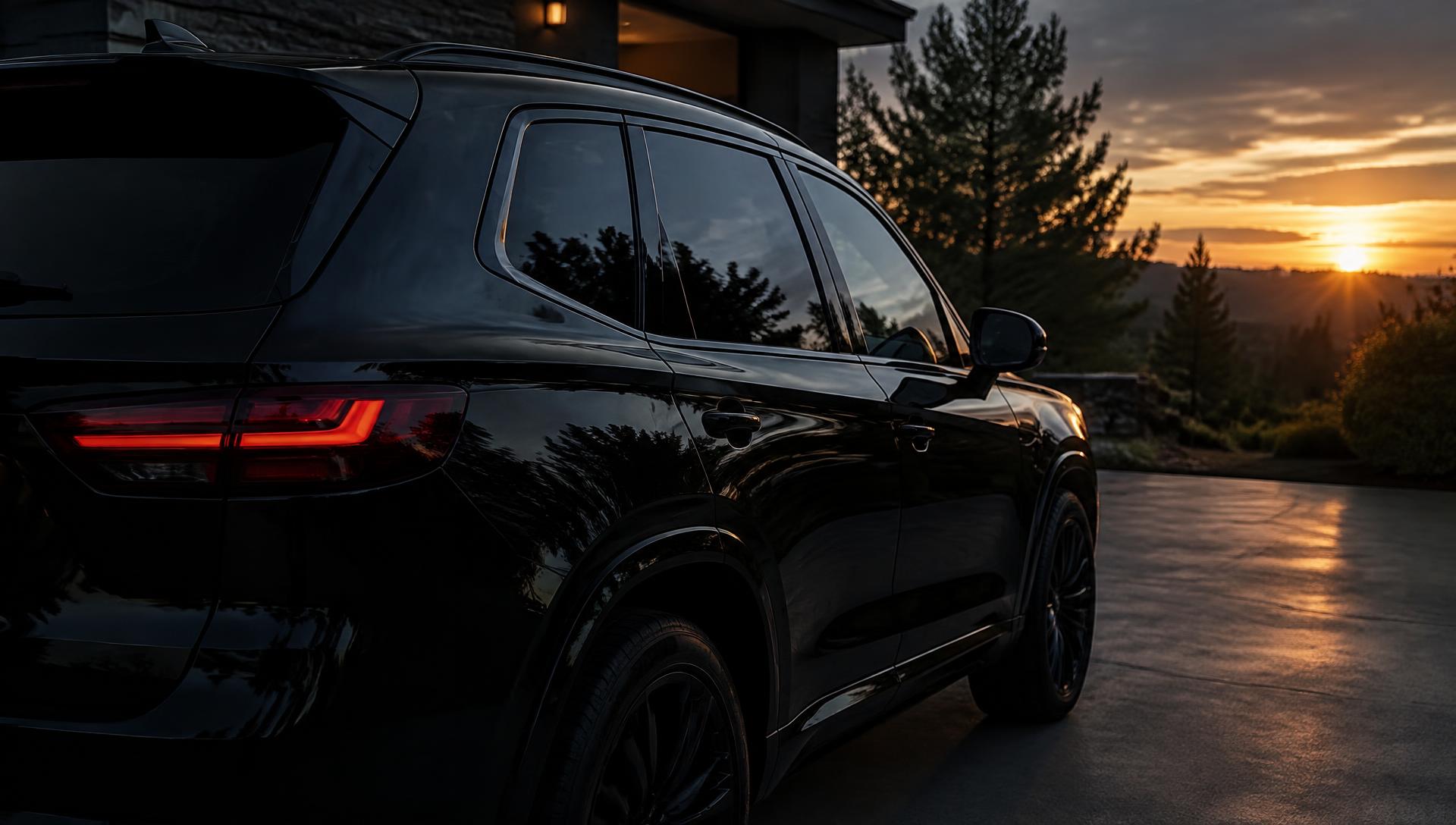 Black SUV with freshly tinted windows parked on a driveway at sunset
